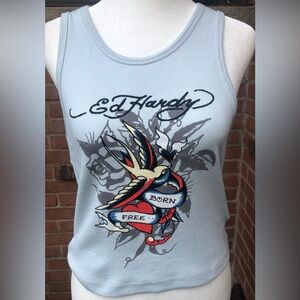 ED HARDY Swallow Ribbed Cropped Tank Top Arctic Blue Size X-Large